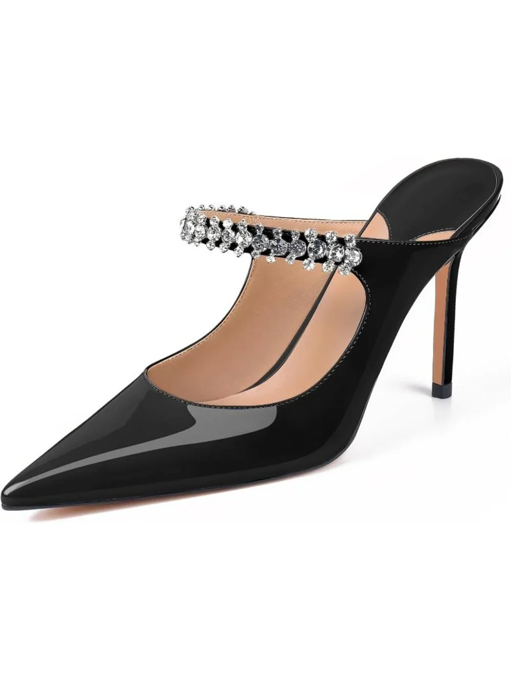 Women's Black Rhinestone Heels Pointed Toe Slip On 4